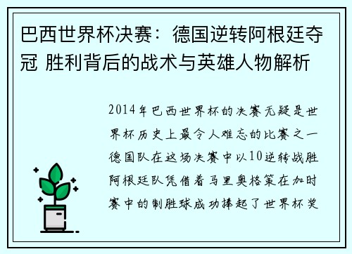 巴西世界杯决赛：德国逆转阿根廷夺冠 胜利背后的战术与英雄人物解析